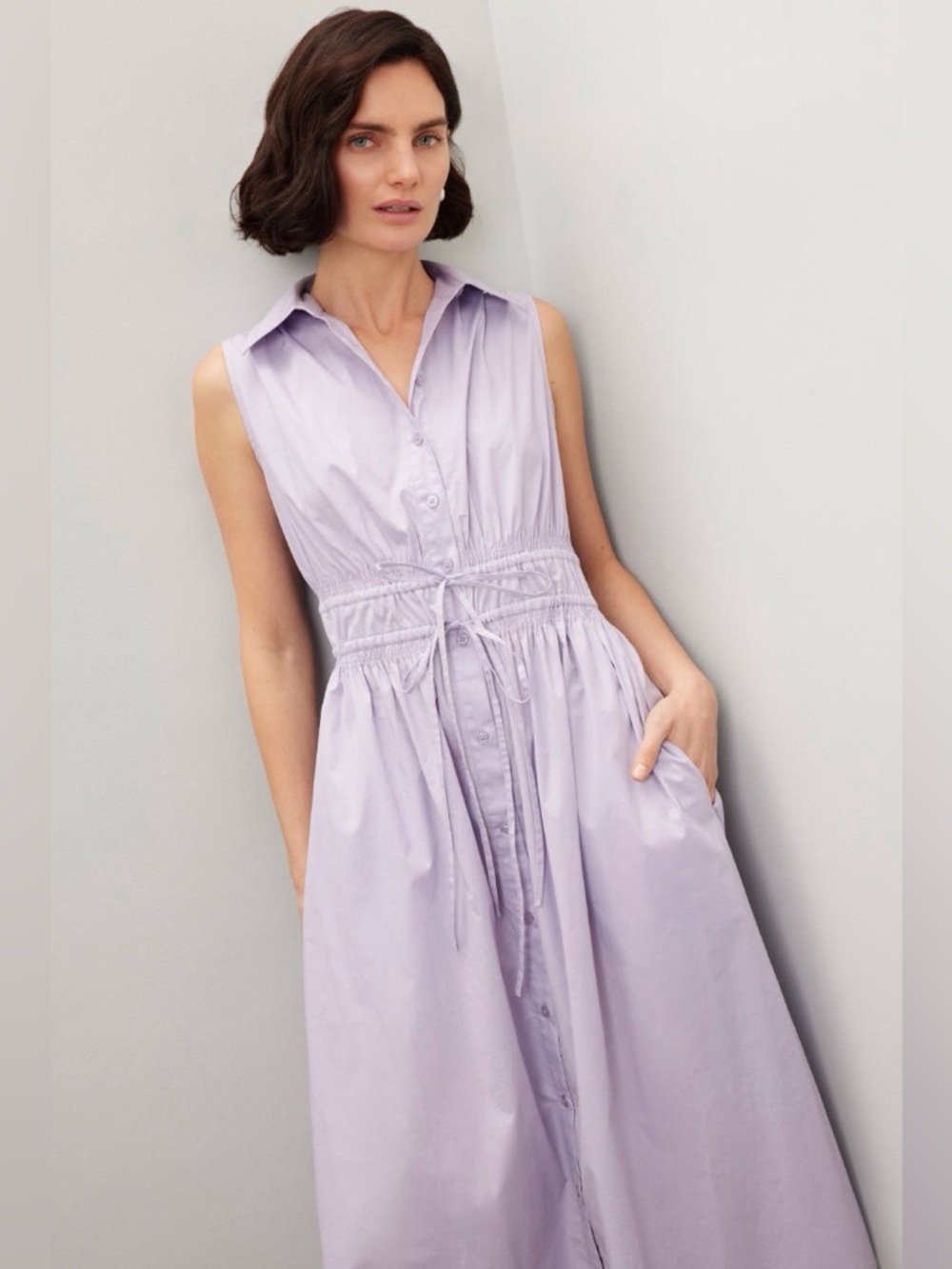 Thakoon / Sleeveless Lavender Midi Shirt Dress with Drawstring Waist - Sz XL